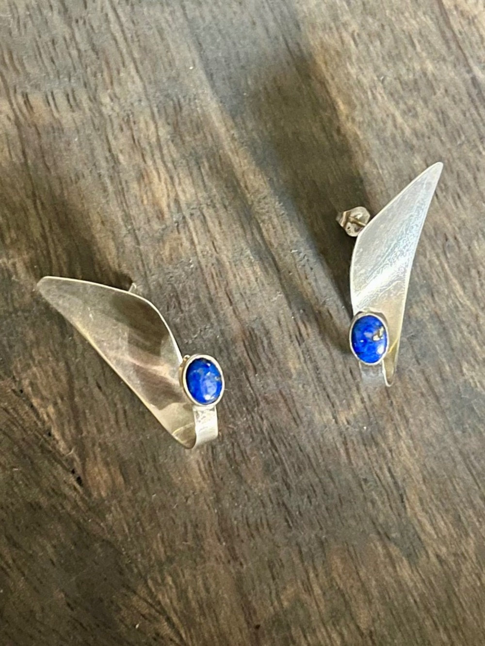 Vintage Modernist Lapis Lazuli Curved Earrings 925 Sterling Silver
